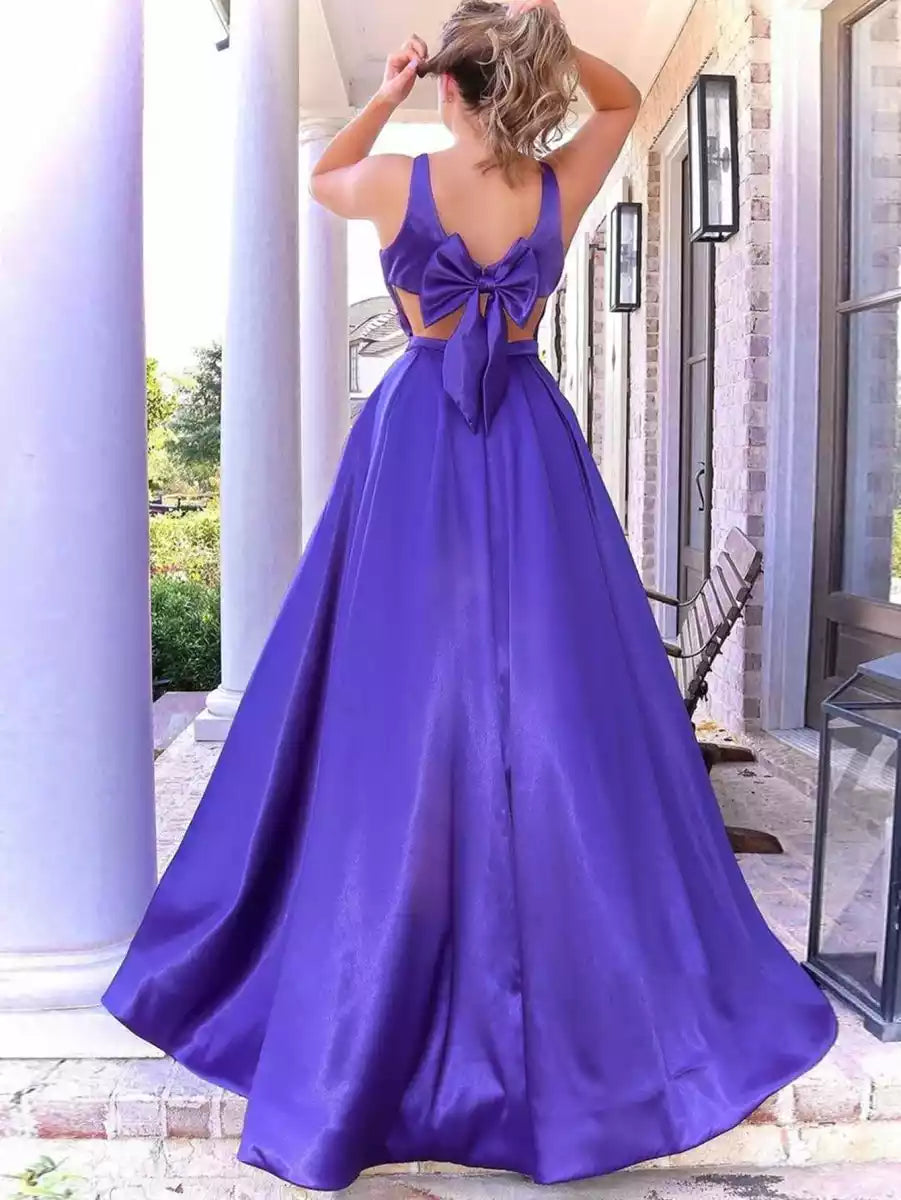 Charming A-line satin thin shoulder straps, sleeveless lace up corset, bow Prom Dresses